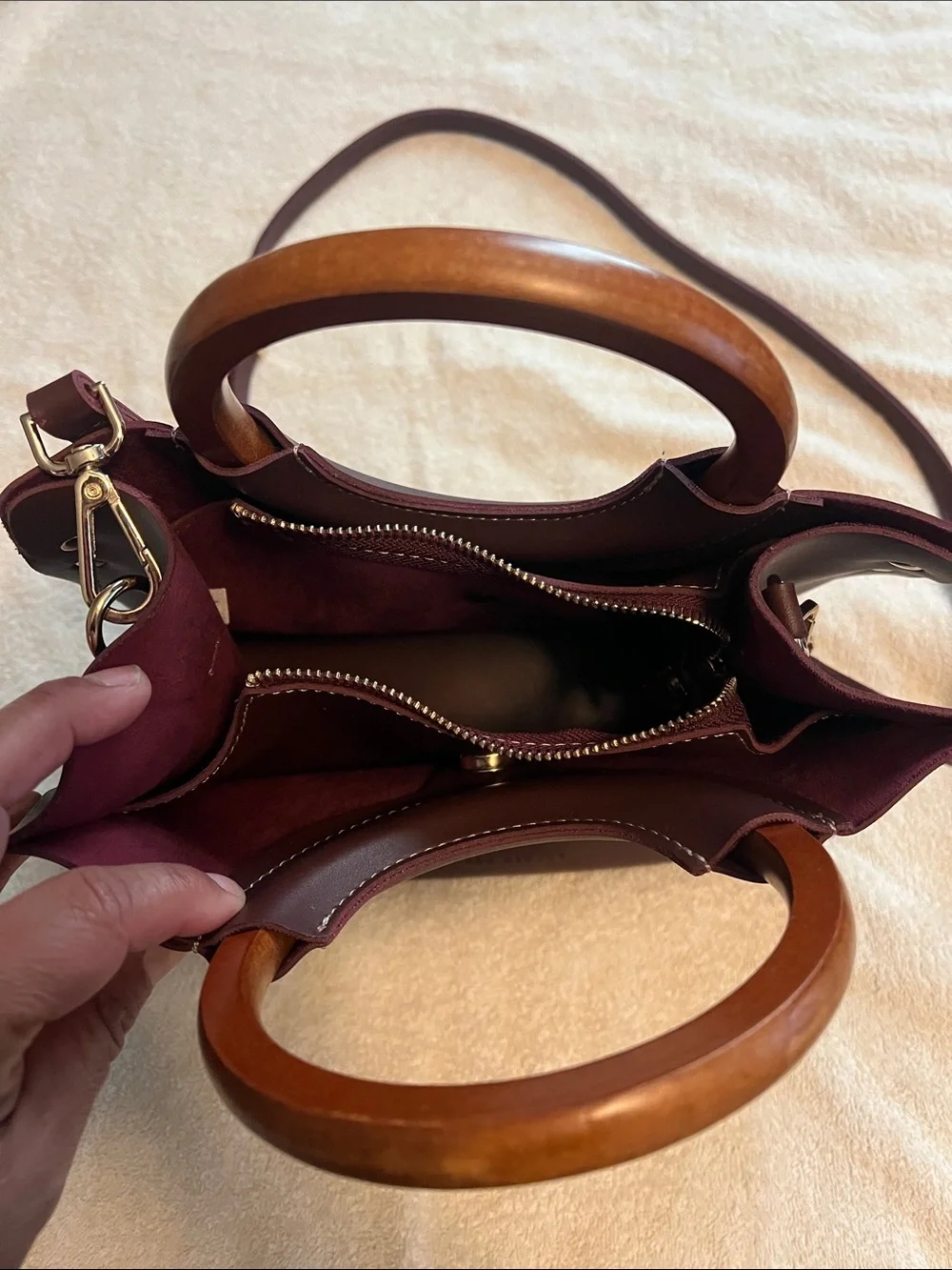 Laura Ashley Dark Brown Leather Satchel with Wooden Circle Handles